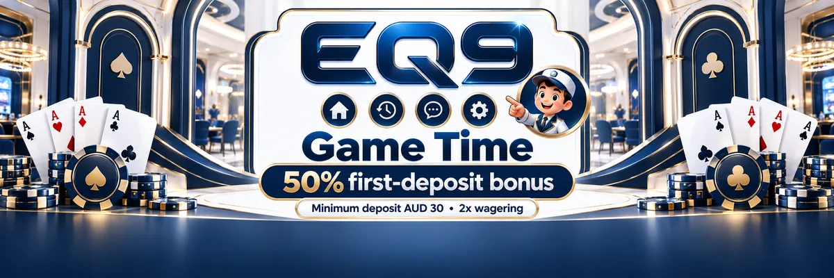 EQ9 casino games banner featuring the glossy wordmark, compact casino interface icons, ornamental arches and the recurring capped cartoon figure.